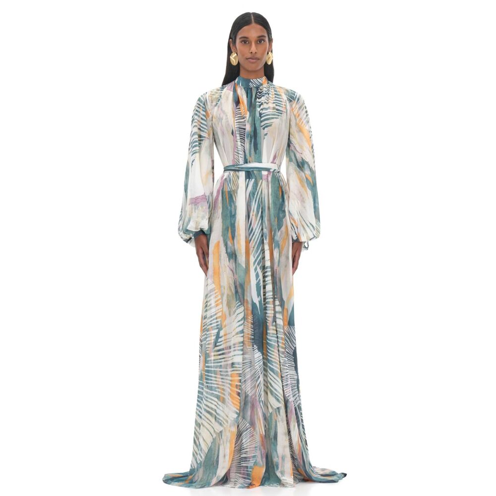 Andrea Iyamah Multicolor Palm-Print Chiffon Maxi Dress